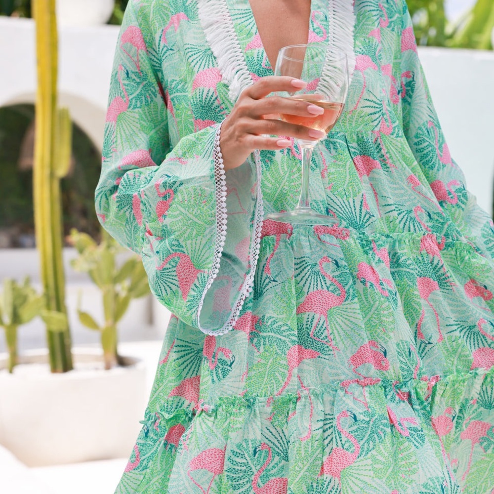Kenny Flowers The Sunshine State Womens Small Tunic Dress Flamingo Green Pink - Picture 2 of 15